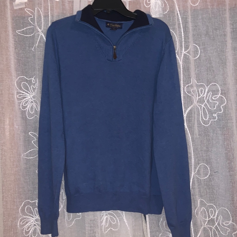 Brooks Brothers blue cashmere blend quarter zip sweater with leather zipper pull